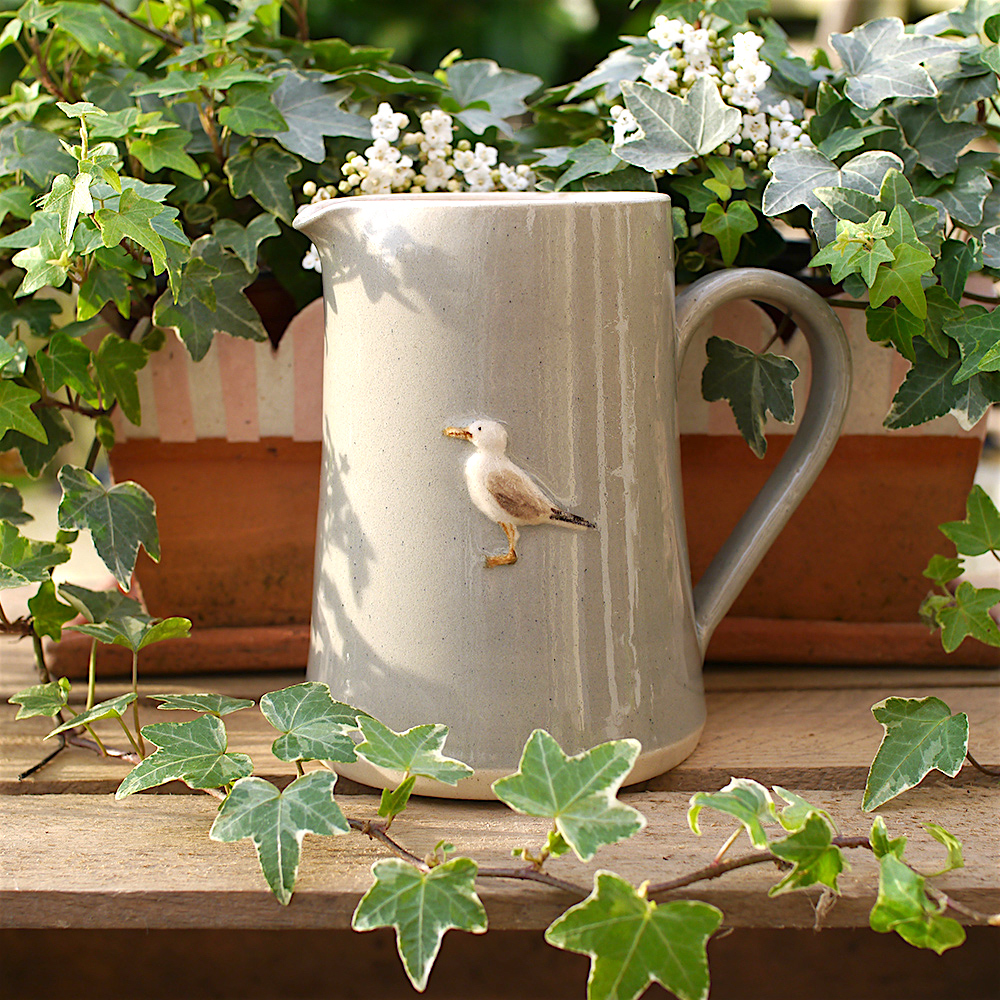 Large Jane Hogben Pottery Jug in Taupe featuring a charming seagull design.