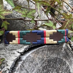 A smart design, British racing green, navy and beige with a thin red stripe