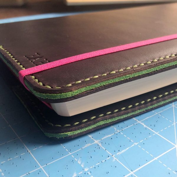 Journal & Hide A5 Journal Cover: Chocolate leather, Pea Green Stitching. Pea Green Suede Sandwich. New Pink Notebook.