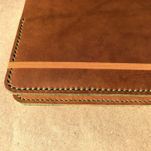 Journal & Hide A5 Journal Cover Light Tan, Pea Green Suede Sandwich, Pea Green Stitching.